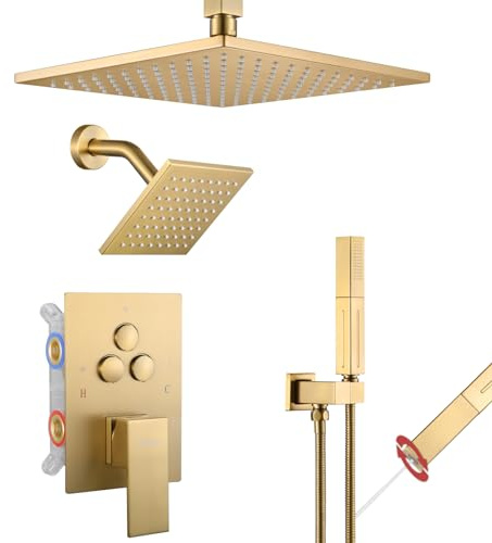 VANFOXLE Shower Faucet Set Brushed Gold Shower System, Push Button Diverter Shower Faucet with Trim Kit, Ceiling Mount 10 Inch Shower Head Increased Thick, 6 Inch Side Shower Head, 2-in-1 Handheld