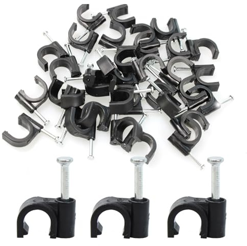 PDETVEO 100PCS Black Half Clamps J-Hook with Nail, 1/4 Inch Nail in Cable Clips Ethernet Cable Nails for Tubing Pipe Support