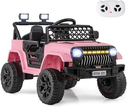 GYMAX Kids Ride on Car, 12V Battery Powered Toy Car with Remote Control, Lights, Music, Horn, Bluetooth, USB, Shock Suspension and Slow Start, Children Electric Off Road Truck for 3 Years Old+ (Pink)