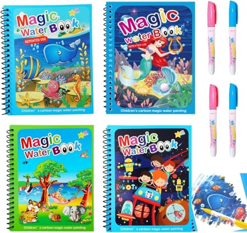 GLUN® Vattenmarkör magisk bok för barn, 4 olika temaböcker, roliga och lärande tecknad pedagogisk ritplatta, återanvändbar, rörfri konst med snabbtorkande teknik