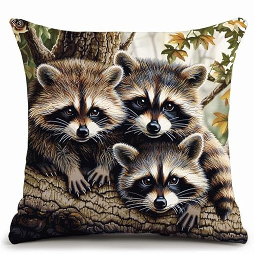 WallustrioaW Waschbär auf Ast Sticken Set Kreuzstich Kissen,süße Tiere,Kreuzstich-Sets Für Erwachsene,Stick-Sets,DIY-Handarbeit,Kissen-Sets,Heimdekoration 45x45cm