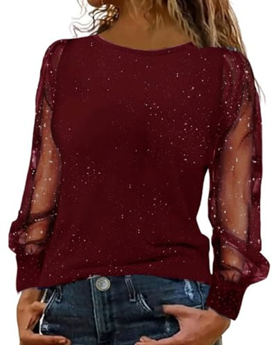 Parte superior brillante para mujer, fiesta, manga larga, camiseta brillante para mujer, color negro, blusa brillante, elegante, cuello redondo, camiseta de manga larga, sexy, camiseta holgada