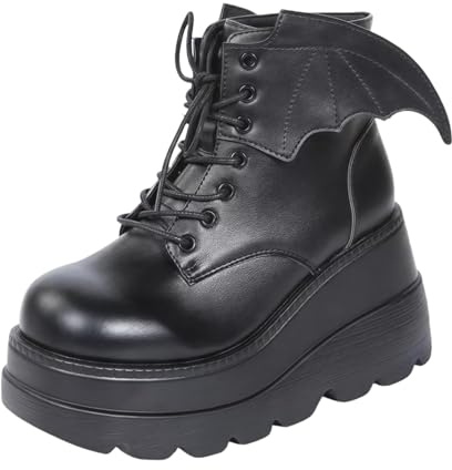 Maimeili Women's Gothic Platform Combat Boots with Bat Wings Lace-up with Buckle Straps Ankle Boot Chunky Platform Sole Fashion Studded Motorcycle Boots