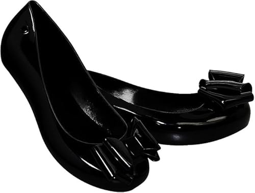 Bismaa Womens Black Jelly Ballet Flats with Bow - Ladies Comfy Slip-On Shoes Casual Wear Every-Day Jelly Ballerina Pumps, 4 UK