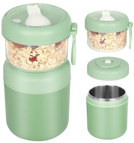 JASTOO Großer Edelstahl Müslibecher to Go, Joghurtbecher 530ml+330ml Tragbarer Auslaufsicherer Müslibecher brotdose frühstücksdose lunchbox Müslibox Joghurt salat rice box (Grün)