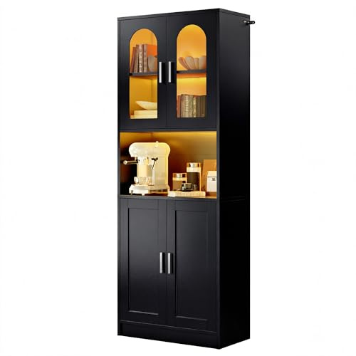 YITAHOME Tall Kitchen Cabinet, Glass Doors & LED Lighting, Microwave Stand | 60cm Worktop, Pantry Cupboard with Adjustable Shelves, Open Shelf, Kitchen Storage Cabinet Unit, White, 60x30x170cm