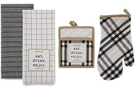DII Home Sweet Farmhouse Kitchen Collection, Potholder/Oven Mitt/Dishtowel Set, Black, 4 Count