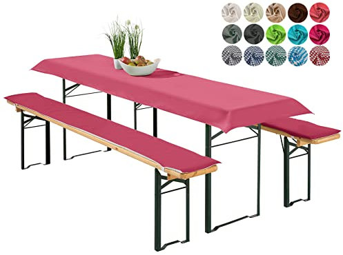 heimtexland ® Bierzeltgarnitur Auflagen Set 3-teilig Tischdecke Bierbankauflage Polster Kissen Biergarnitur Typ698 Beere für Tischmaß 70x220 cm