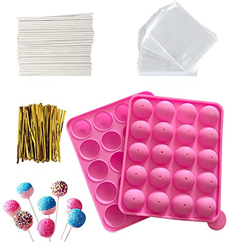 HYCSC 20 Cavity Silicone Cake Pop Mold Kits - Cake Pop Tray with 60pcs Cake Pop Sticks, Bags, Twist Ties, Great for Cake Pop Maker, Lollipop Mold, Cake Pop and Chocolate