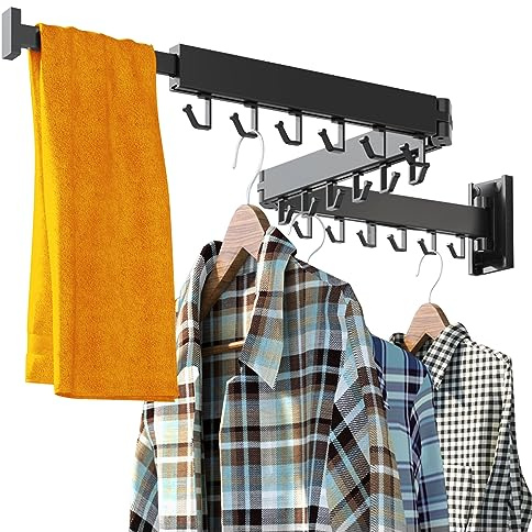 HEILAIYI Clothes Drying Rack for Laundry,Wall Mounted Clothes Hanger Rack,Folding,Retractable,Collapsible(J Shape Hooks)