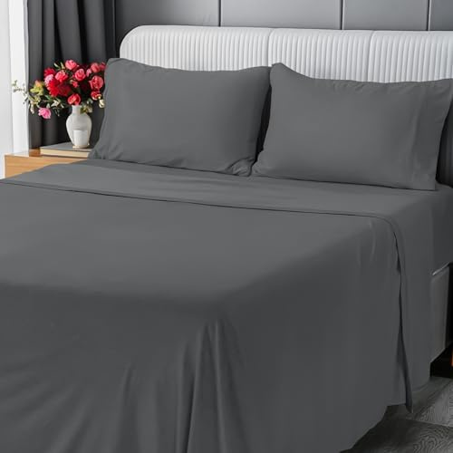 Utopia Bedding Set di lenzuola complete, set di 4 lenzuola in jersey di cotone, morbide ed elastiche (completo, grigio scuro)
