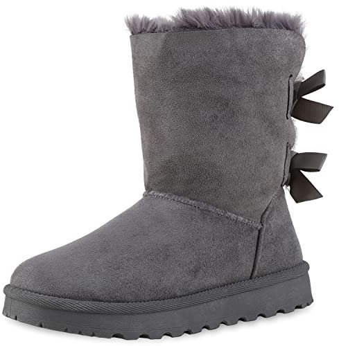 VAN HILL Damen Warm Gefütterte Winter Boots Stiefeletten Bequeme Kunstfell Schuhe Flache Schleifen Stiefel Profilsohle Booties 209777 Grau 39