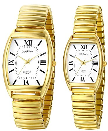 JewelryWe Paar Uhren Analog Quarz Pärchen Armbanduhr Klassisch Einfach Rechteckig Elastisch Legierung Armband Partner Freundschafts Uhr mit Römischen Ziffern Zifferblatt Gold