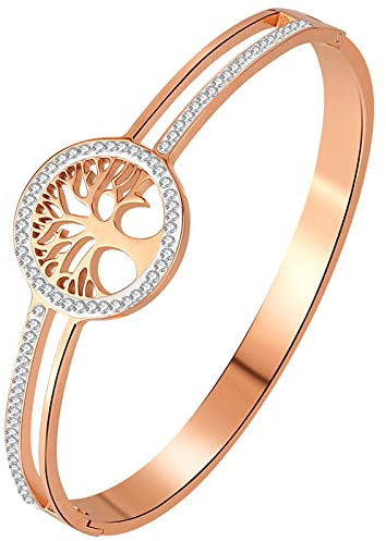 OIDEA Damen Armband, Lebensbaum Baum des Lebens Armreif, Innendurchmesser 17.5 cm aus Edelstahl mit Geschenkbox & Karte, Rosegold