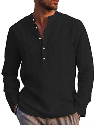 Kvruhuiy Herren Leinen Baumwolle Henley Shirt Casual Roll-up Langarm Yoga Tops T-Shirts Schwarz 3XL