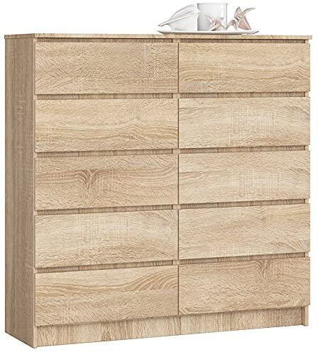 AKORD Kommode K-120 mit 10 (2 x 5) Schubladen | für das Wohnzimmer Schlafzimmer Schrank Büro Arbeitszimmer | Modernes Funktionales Design | B120 x H121 x T40 cm, Gewicht 70 kg | Sonoma Eiche