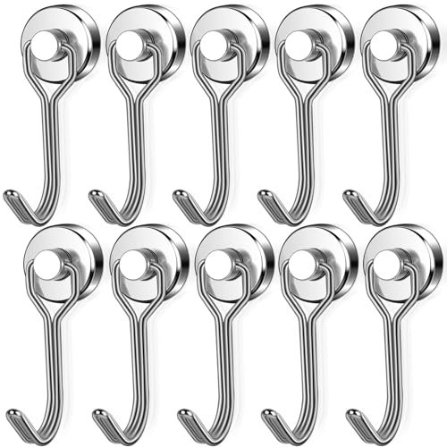 swihorab Ganchos magnéticos extrafuertes, paquete de 10 ganchos magnéticos de neodimio de 16 mm, capacidad de 10 kg, ganchos magnéticos giratorios, ganchos de metal inoxidables para cocina