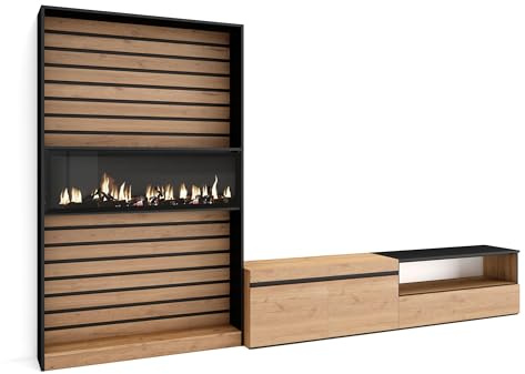 Skraut Home | Ensemble Meuble TV | Meuble Salon Complet | 310x186x35cm | pour Les TV jusqu'à 80 | Cheminée électrique | Style Moderne | Chêne et Noir