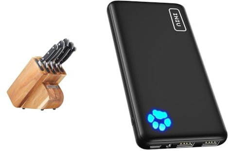 Sabatier Edgekeeper Knife and Acacia Wood Block Set, Self-Sharpening Knives, Set Includes Chef & INIU Power Bank, Portable Charger 10000mAh Slimmest & Lightest High-Speed USB C Input & Output