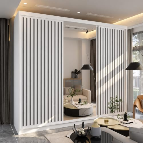 MN Furniture Roni Wide Wardrobe with Hanging Rails, Shelves and Drawers, Freestanding Closet Cabinet and Wardrobe with Sliding Mirror Doors for Bedroom (White, 250cm)