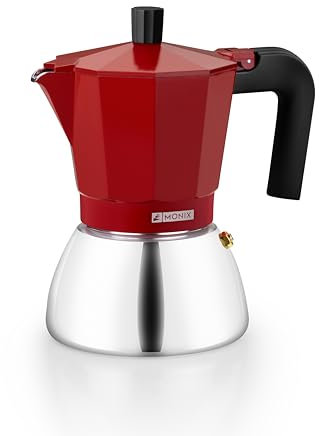 Monix Induction Inox | Italienischer Kaffeekocher aus Aluminium und Edelstahl, Fassungsvermögen für 9 Tassen, hitzebeständiger Griff, geeignet für alle Herdarten einschließlich Induktion, Rot