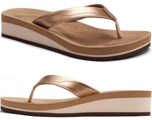 COFACE Flip Flops for Women With Comfortable Arch Support Ladies Fashion Platform Thong Sandals Soft Yoga Mat Sole For Beach/Indoor Outdoor, size 7 Khaki Gold