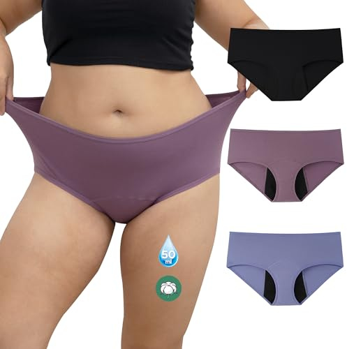 INNERSY Mutande Ciclo Mestruale Donna Flusso Abbondante Slip Mestruali Taglie Forti Cotone Pacco da 3 (5XL, Nero, Blu, Viola)