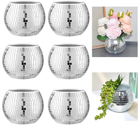 6 Stück Discokugel Blumentopf,Disco Pflanztöpfe,Discokugel Vase,Discokugel Blumentopf Hängend,Spiegelkugel Deko Blumentöpfe,Discokugel Deko Topf für Party Büro,Küche für Innen- und Außenpflanzen