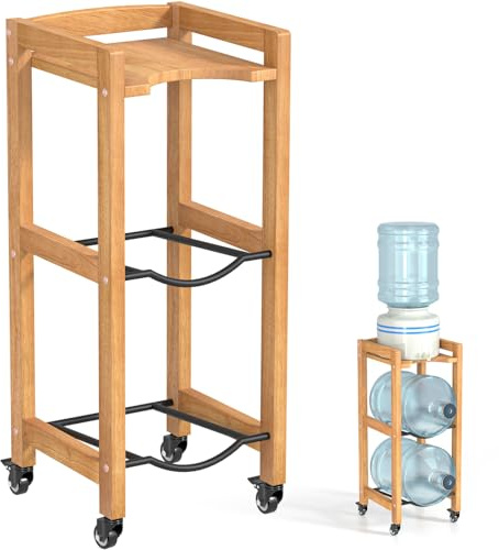 3-Tier 5 Gallon Water Jug Holder with Top Shelf, 4 Metal Wheels or Adjustable Feet, Natural Hardwood Water Dispenser Floor Stand, Wooden Organizer for Kitchen, Office, Garage Space-Saving Design