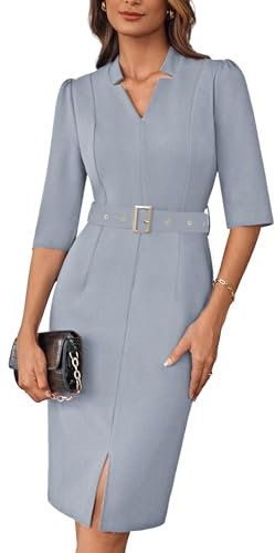 GRACE KARIN Damen 3/4 Ärmel Slim Fit Bodycon Kleid mit Gürtel Sexy V-Ausschnitt Hüftiges Wickelkleid Midi Cocktailkleid Hellgrau L