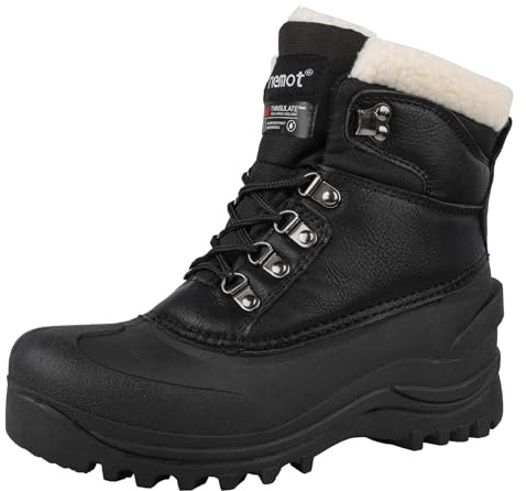 riemot Men's Womens Snow Boots Waterproof Lace-Up Boots with Warm Faux Fur Lining and Grip Sole for Cold Weather Dog Walking Black 5 UK/38 EU
