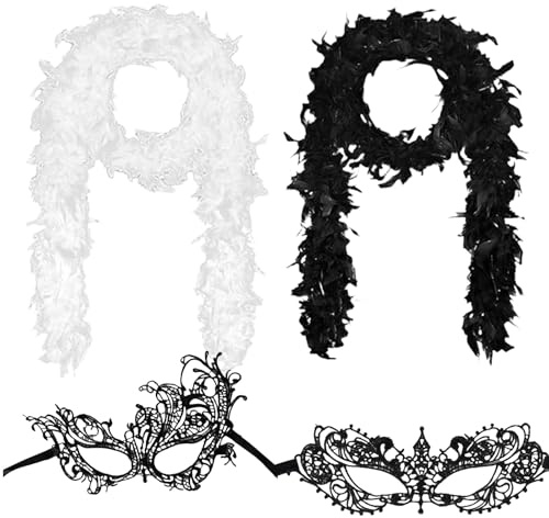 GWAWG Lot de 2 Boa Plume + 2 Masque Bal Masqué Dentelle, Noir & Blanc, Accessoire Femme Soirée Charleston, Carnaval, Halloween, Masque Vénitien Femme pour Déguisement Élégant