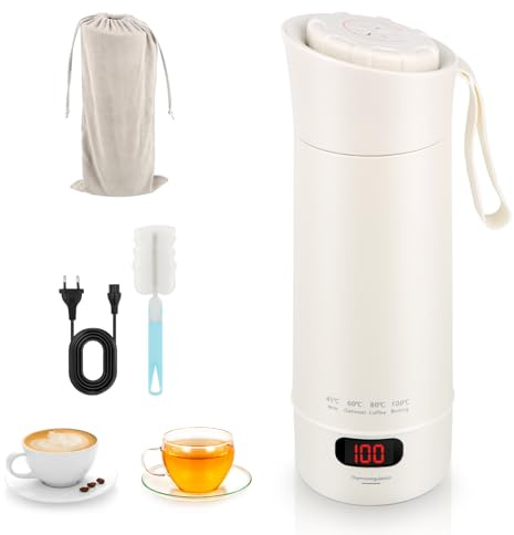 Bollitore Elettrico Portatile da Viaggio, 400ml Bollitore Elettrico Piccolo, Mini Bollitore da Viaggio 3 in 1 mit 4-Temperatura Regolabile, Spegnimento Automatico per Tè Latte Caffè