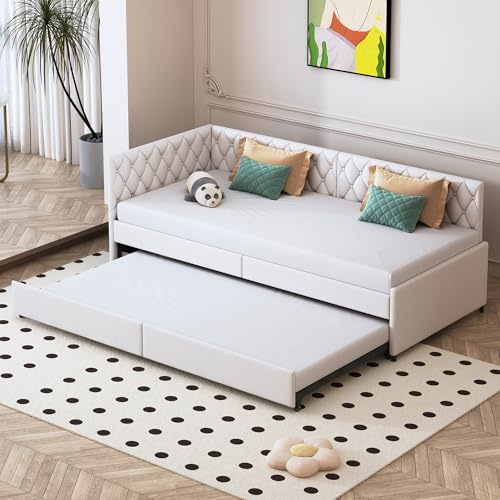 BRILVERDE Bäddsoffa 90 x 200 cm, Utdragbar bäddsoffa, Utdragssäng för vardagsrum, Gästsängar, Multifunktionssäng med sängbrädor, Samtstoff (Beige)