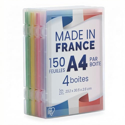 Iris Ohyama, Boite Rangement Bureau, Boite de Classement, Set de 4, Transparent, Capacité de 150 feuilles A4 chacune, Empilable avec Poignée et Fermeture Sécurisée, Sans BPA, Dossier, Chemise, PJC-A4