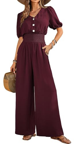 QUNERY Monos Mujer Verano Jumpsuit Elegante en V Color Sólido Mono Que Realza La Cintura Casual Sueltos Rompers con Bolsillos Moda Playa Rojo Oscuro M