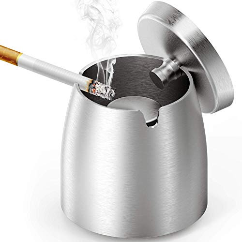 Grand Cigarettes Cendrier Coupe-vent, Cendrier En Acier Inox Avec Couvercle Anti odeur, Cendrier Portable pour Intérieur et Extérieur, Avec Tapis Antidérapant et Anti-Rayures (grand)