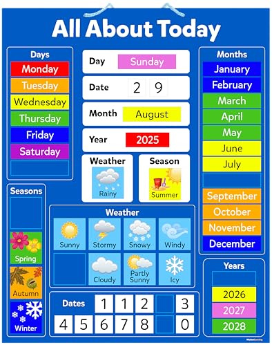 Interactive Kids' Magnetic Calendar 'All About Today' Board 32x40cm – Durable Educational Tool with Strong Magnets, Customizable Spare Pieces, Wipe-Clean Surface & Hanging Loop for Home/School