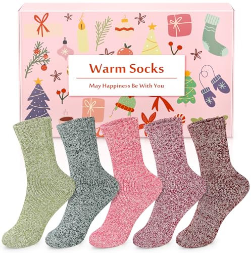 Airabc 5 Paar Thermosocken Damen, Wollsocken, Warme Wintersocken Damen, Dicke Stricksocken, Winter Damen Socken Bunte Gemütlich und Atmungsaktiv/EU-Größe 35-42