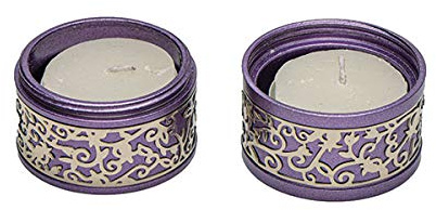 Emanuel Candlestick Holders Metal Filigree Cutout | Small Candle Holders for Shabbat and Yom Tov (Purple)