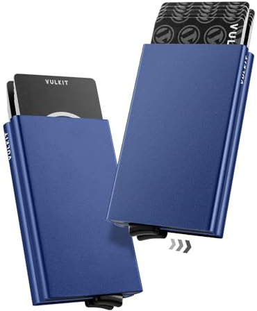 VULKIT ALPHA Portacarte di Credito da Uomo Anti RFID Portafoglio Metallo Custodia Doppio Automatico Porta Carte Credito Alluminio Rigido 10-14 Carte (Blu Navy)
