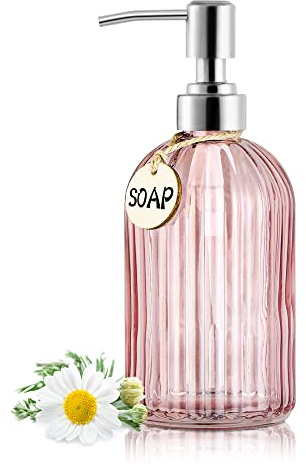 MOCLIF 16OZ Fashion Stripe Clear Glass Refillable Soap Dispenser with 304 Stainless Steel Pump Premium Soap Dispenser， for Kitchen, Bathroom, Hand Sanitizer, Liquid Soap, Lotion, etc. (Clear Pink)