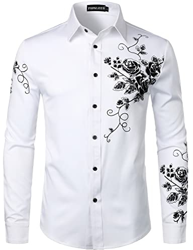 PARKLEES Men's Hipster Rose Floral Print Design Slim Fit Long Sleeve Button Up Party Dress Shirt White Black XL