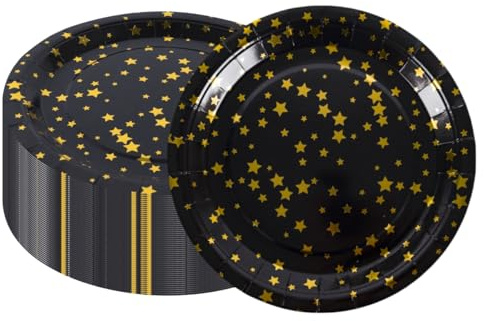 CEILIWEN Black Gold Paper Plates, 50 Pack 9 inch Birthday Decorations, Round Star Plates, Disposable Dinner Dishes
