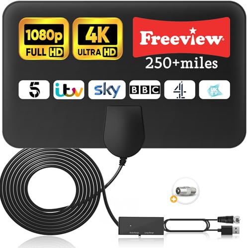 Amazqi TV Aerial Indoor-Amplified Smart Digital 4K 1080p TV Aerial 250+ Miles Long Range - Support All Older TV's with Amplifier Connector for Freeview Channels