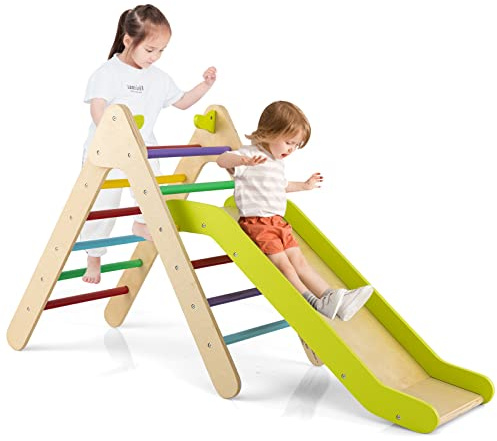 COSTWAY 2 in 1 Set da Arrampicata con Scivolo per Bambini, Triangolo di Arrampicata in Legno Regolabile a Gradi, Giocattolo per Arrampicarsi all’Interno, 1 Anno+ (Colorato)