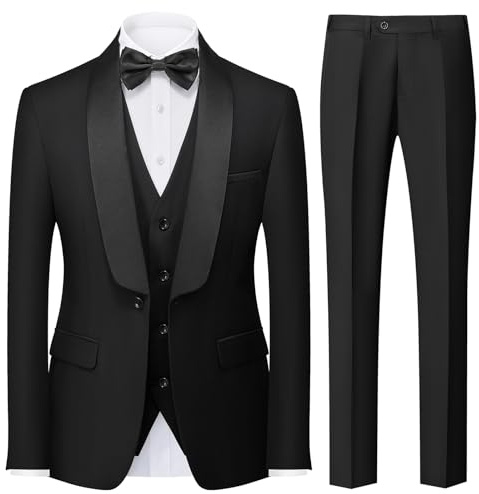 KUDORO Abito da Uomo 3 Pezzi Slim Fit Abiti da Sposa Abito Elegante Cerimonia Abito da Smoking Blazer Gilet Pantaloni(Nero,XXL)