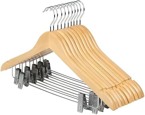 10 Pack Wooden Suit Hangers with Adjustable Metal Clips, Solid Smooth Wood Clothes Hangers, 360° Swivel Hook, Premium Pants Hangers for Jacket, Skirt, Coat, Dress, Blouse (Natural)