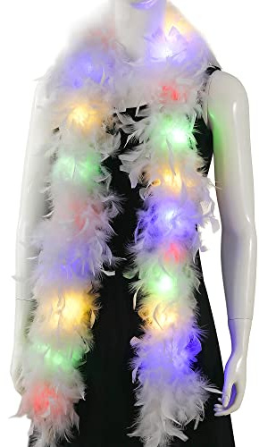 Larryhot White Light Up Feather Boa - 2 Yards 75g Colorful Turkey Boa Feathers for Party Bulk,Christmas,Wedding Centerpieces,Costume,Concert,Pet and Home Decoration (LED Boa - White)