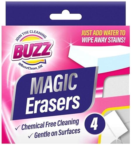 4x Buzz Magic Eraser Sponges - Reusable Cleaning Foam for Stains, Dirt, & Grime Removal - Ideal for Scuff Marks, Lime Scale, & Burnt Food - No Detergents Needed - Versatile & Effective